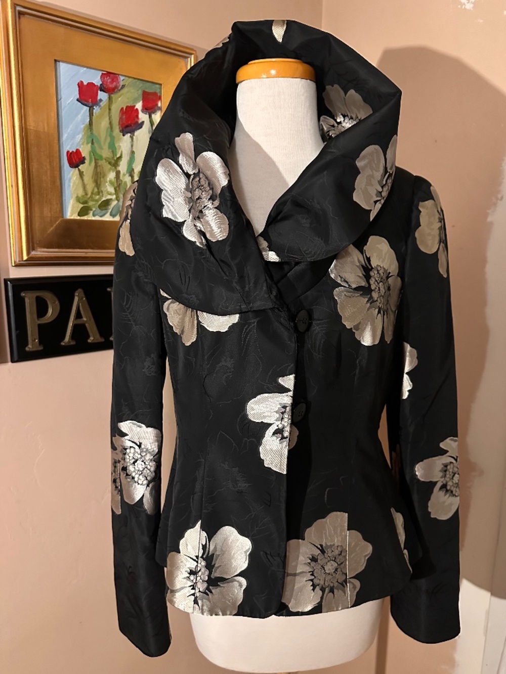 VTG Armani Collezioni Women's Black Floral Jacquard Evening Blazer Size 8